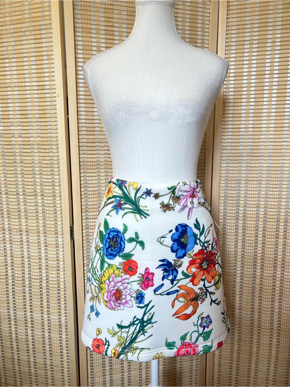 White Floral Mini Skirt with Multicolor Blooms